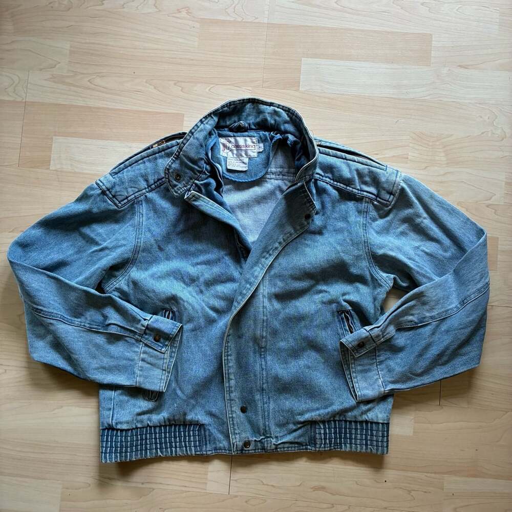 Vintage Chess King Denim Jacket Bomber XL 80s 90s Stonewash Blue